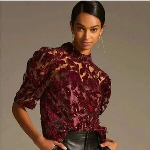 NWT Anthropologie Burgundy Velvet Sequin Top